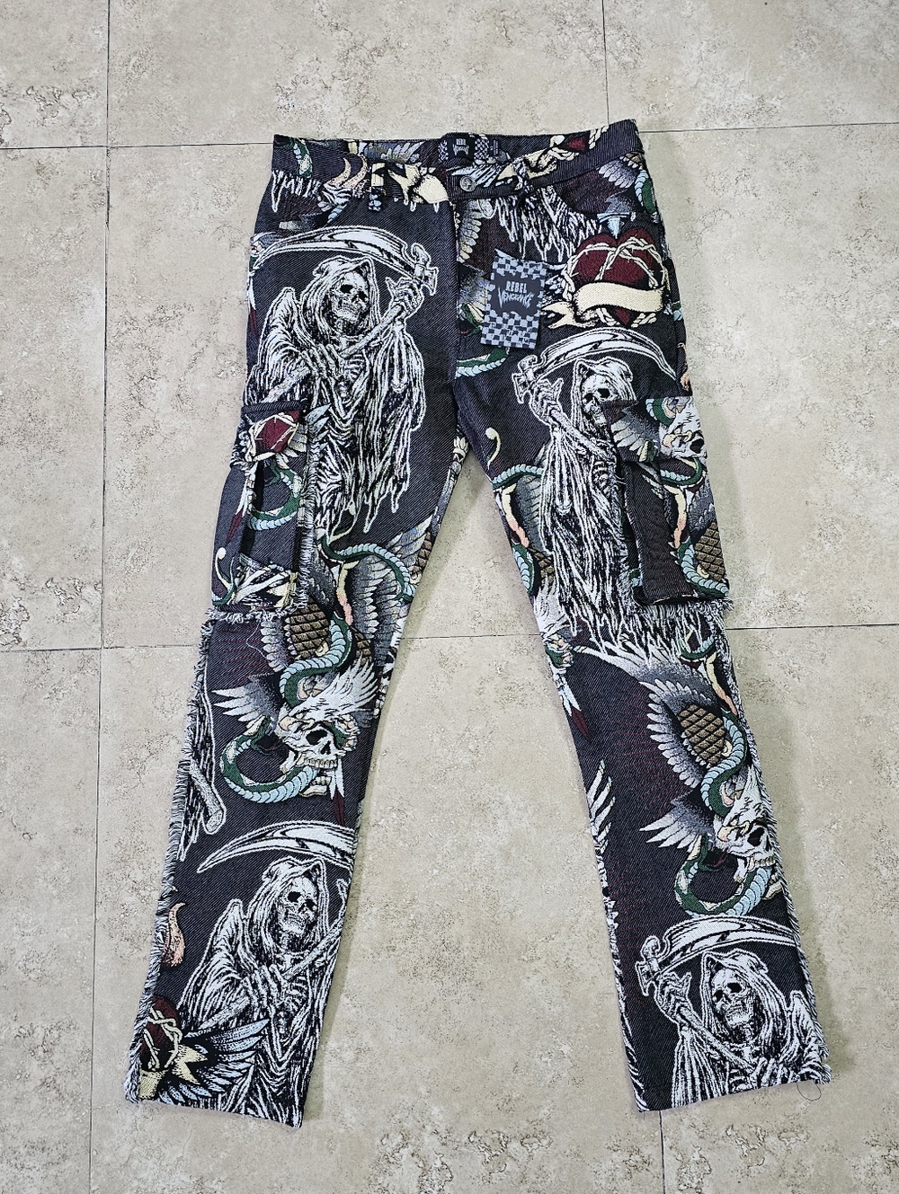 Rebel Vengeance Pants Mens Skull Snake Tapestry Cargo Streetwear Gothic